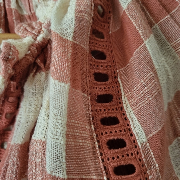 Free People Honey Grove Coral Gingham Plaid Boho Peasant Long Sleeve Blouse XS - Picture 5 of 8